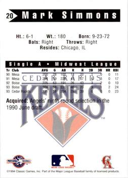 1994 Classic Best Cedar Rapids Kernels #20 Mark Simmons Back