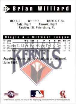 1994 Classic Best Cedar Rapids Kernels #22 Brian Williard Back