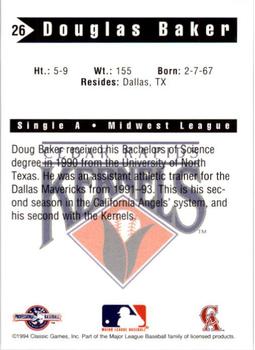 1994 Classic Best Cedar Rapids Kernels #26 Douglas Baker Back