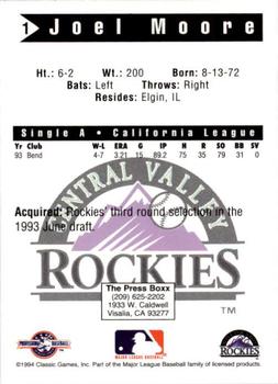 1994 Classic Best Central Valley Rockies #1 Joel Moore Back