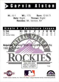 1994 Classic Best Central Valley Rockies #2 Garvin Alston Back