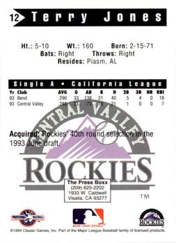 1994 Classic Best Central Valley Rockies #12 Terry Jones Back
