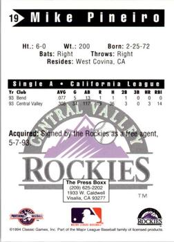 1994 Classic Best Central Valley Rockies #19 Mike Pineiro Back