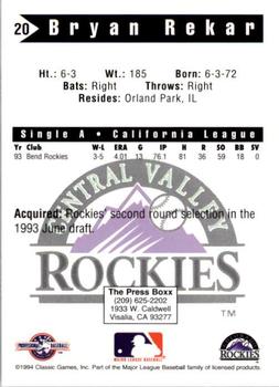 1994 Classic Best Central Valley Rockies #20 Bryan Rekar Back