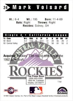 1994 Classic Best Central Valley Rockies #24 Mark Voisard Back