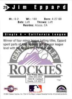 1994 Classic Best Central Valley Rockies #29 Jim Eppard Back