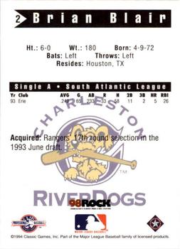 1994 Classic Best Charleston RiverDogs #2 Brian Blair Back