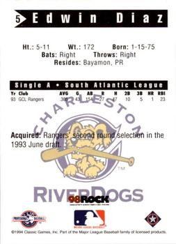 1994 Classic Best Charleston RiverDogs #5 Edwin Diaz Back