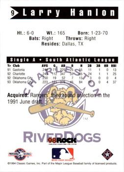 1994 Classic Best Charleston RiverDogs #9 Larry Hanlon Back