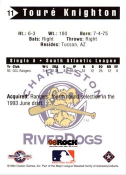 1994 Classic Best Charleston RiverDogs #11 Toure Knighton Back