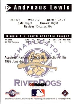 1994 Classic Best Charleston RiverDogs #12 Andreaus Lewis Back