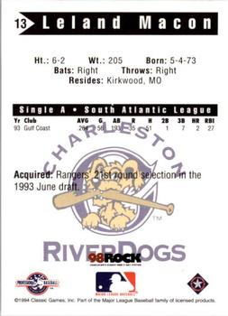 1994 Classic Best Charleston RiverDogs #13 Leland Macon Back