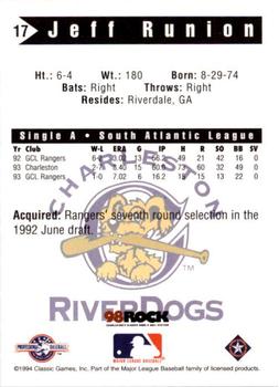 1994 Classic Best Charleston RiverDogs #17 Jeff Runion Back