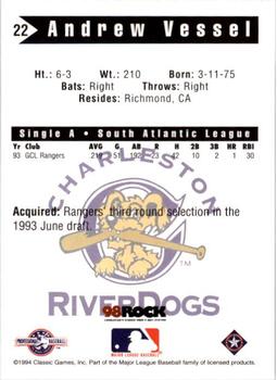 1994 Classic Best Charleston RiverDogs #22 Andrew Vessel Back