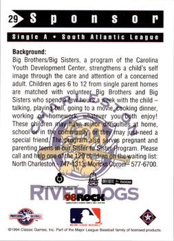 1994 Classic Best Charleston RiverDogs #29 Sponsor Back