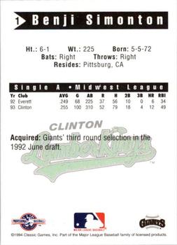 1994 Classic Best Clinton LumberKings #1 Benji Simonton Back