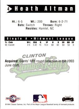 1994 Classic Best Clinton LumberKings #4 Heath Altman Back