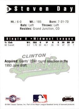 1994 Classic Best Clinton LumberKings #9 Steven Day Back