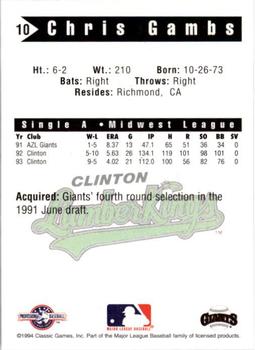 1994 Classic Best Clinton LumberKings #10 Chris Gambs Back