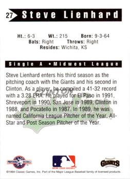 1994 Classic Best Clinton LumberKings #27 Steve Lienhard Back