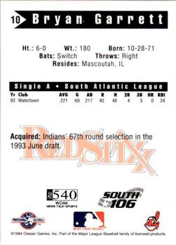 1994 Classic Best Columbus Redstixx #10 Bryan Garrett Back