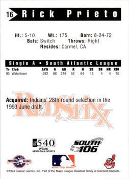1994 Classic Best Columbus Redstixx #16 Rick Prieto Back