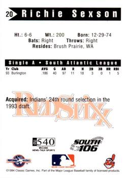 1994 Classic Best Columbus Redstixx #20 Richie Sexson Back