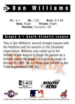 1994 Classic Best Columbus Redstixx #28 Dan Williams Back