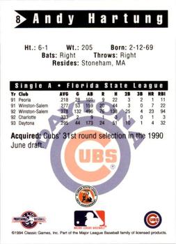 1994 Classic Best Daytona Cubs #8 Andy Hartung Back