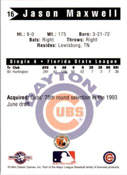 1994 Classic Best Daytona Cubs #16 Jason Maxwell Back