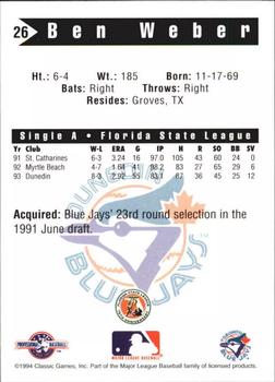 1994 Classic Best Dunedin Blue Jays #26 Ben Weber Back