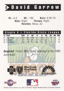 1994 Classic Best Fort Myers Miracle #8 David Garrow Back