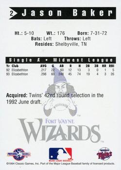1994 Classic Best Fort Wayne Wizards #2 Jason Baker Back