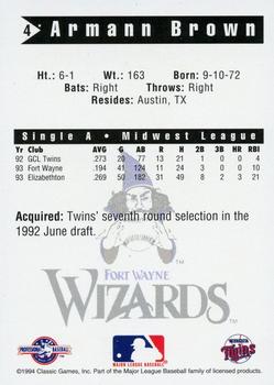 1994 Classic Best Fort Wayne Wizards #4 Armann Brown Back
