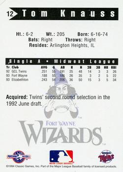 1994 Classic Best Fort Wayne Wizards #12 Tom Knauss Back
