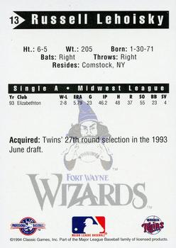 1994 Classic Best Fort Wayne Wizards #13 Russell Lehoisky Back