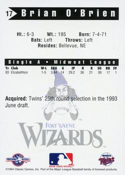1994 Classic Best Fort Wayne Wizards #17 Brian O'Brien Back