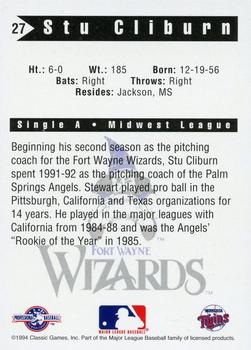 1994 Classic Best Fort Wayne Wizards #27 Stu Cliburn Back