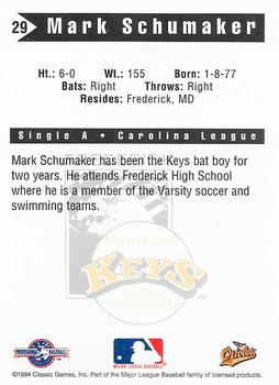 1994 Classic Best Frederick Keys #29 Mark Schumaker Back