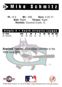 1994 Classic Best Greensboro Bats #20 Mike Schmitz Back