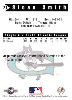 1994 Classic Best Greensboro Bats #21 Sloan Smith Back