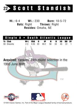 1994 Classic Best Greensboro Bats #22 Scott Standish Back