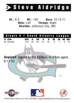 1994 Classic Best Greensboro Bats #2 Steve Aldridge Back