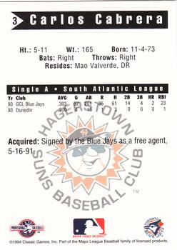 1994 Classic Best Hagerstown Suns #3 Carlos Cabrera Back