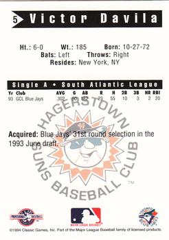 1994 Classic Best Hagerstown Suns #5 Victor Davila Back