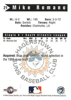 1994 Classic Best Hagerstown Suns #21 Mike Romano Back