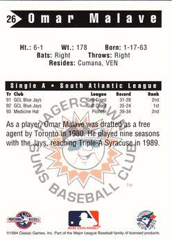 1994 Classic Best Hagerstown Suns #26 Omar Malave Back
