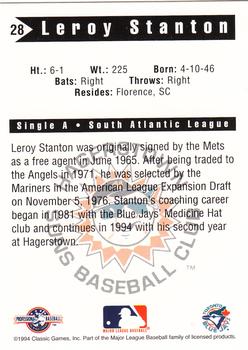 1994 Classic Best Hagerstown Suns #28 Leroy Stanton Back