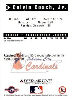 1994 Classic Best Johnson City Cardinals #6 Calvin Coach Back