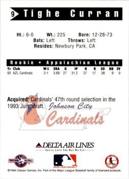 1994 Classic Best Johnson City Cardinals #9 Tighe Curran Back